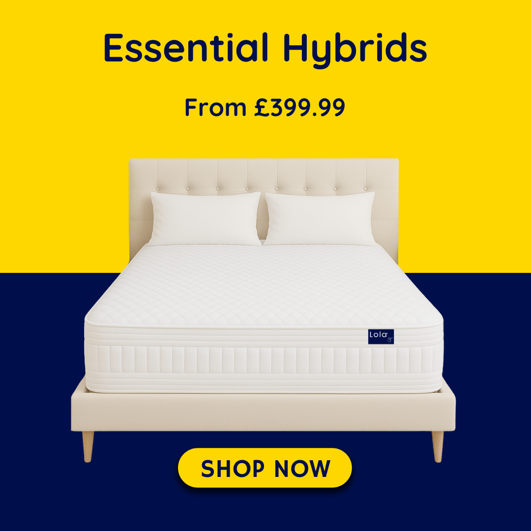 Lola Essential Mattress range shown in hybrid designs with memory foam and support foam options, made in the UK