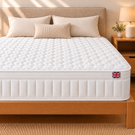 Lola Memory Hybrid Mattress on a wooden bed frame, made in the UK