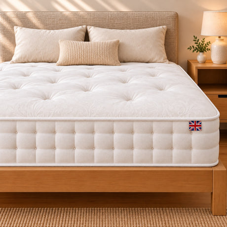 Lola Natural Mattress on a wooden bed frame, made in the UK