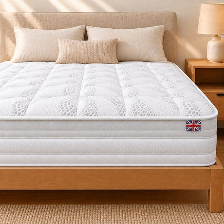 Lola Pro Hybrid Mattress on a wooden bed frame, made in the UK