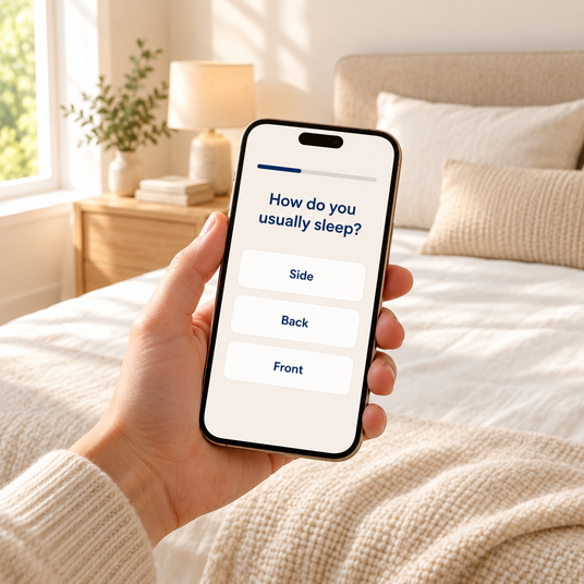 A hand holds a smartphone showing a sleep position survey question, with a neatly made bed and a lamp in the softly lit background.